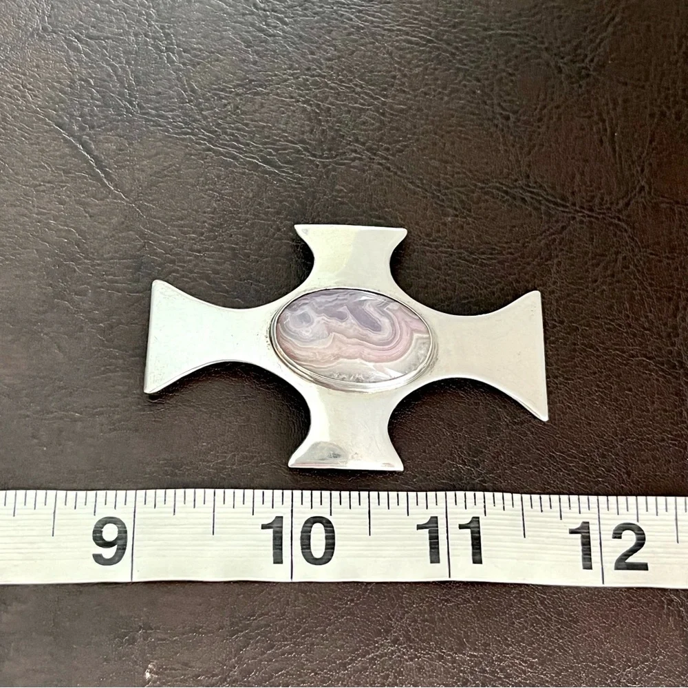 Large vintage sterling silver cross brooch pin with lace agate stone